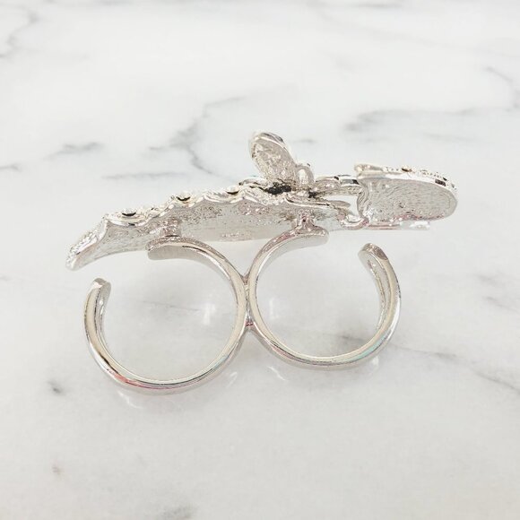 Crystal Butterfly on Leaf Two Finger Ring - Picture 4 of 4